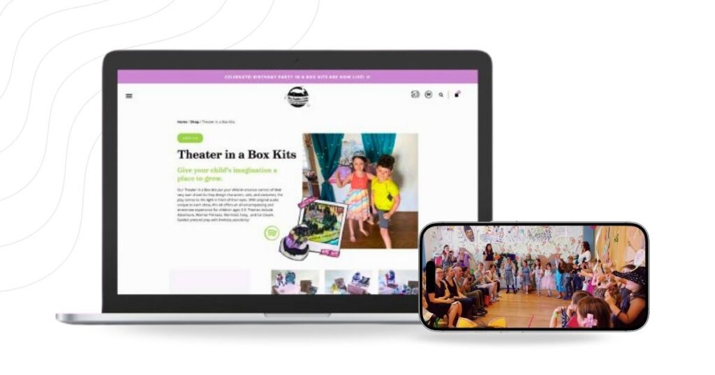 Theater in a Box Kits and live children's show displayed on The Rabbit Hole Theater’s responsive website design.