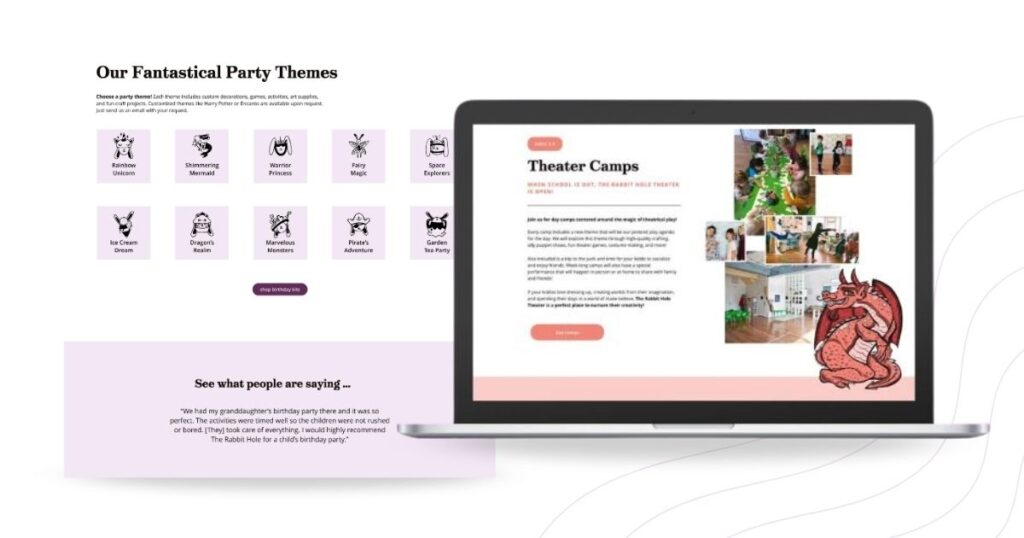 The Rabbit Hole Theater’s interactive webpage featuring party themes and theater camp sign-up options for kids.