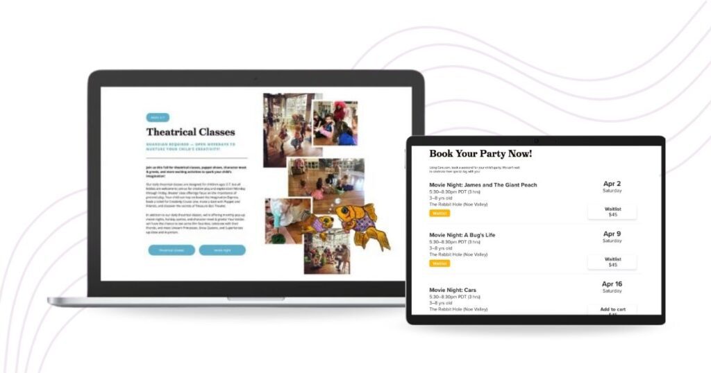 Theater classes and movie night booking system presented on The Rabbit Hole Theater’s website across tablet and laptop.