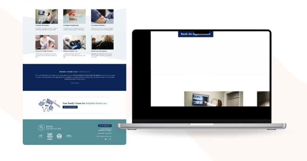 Overview of Bass Dentistry’s web design showing services and user-friendly navigation