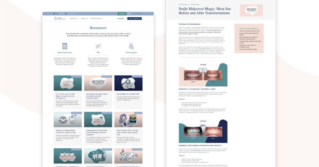 Healthcare web design featuring Bass Dentistry’s smile makeover transformations and resource hub