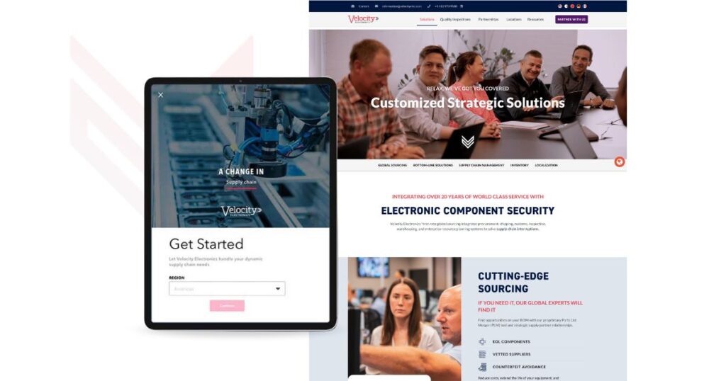 Velocity Electronics website and tablet view showcasing strategic solutions and a global component sourcing interface with region selector functionality.


