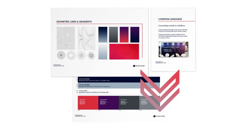 Velocity Electronics brand guidelines featuring geometric line patterns, gradient color schemes, and defined brand language with color palette breakdown.


