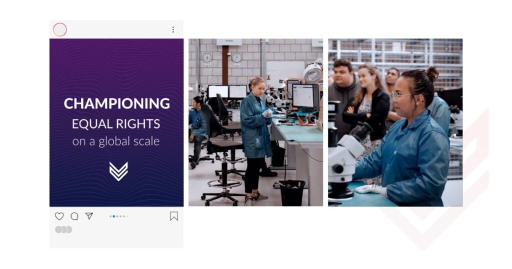 Velocity Electronics social media post highlighting global advocacy for equal rights with women employees working in a modern tech lab.