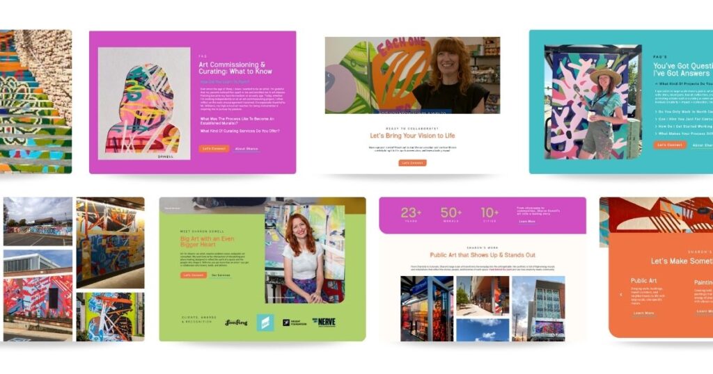 A vibrant collage of web page mockups from an artist portfolio website, featuring bold murals, artist bios, and project highlights. The layout showcases public art installations, art commissioning details, and a colorful, creative design that reflects the artist’s unique style and community impact.