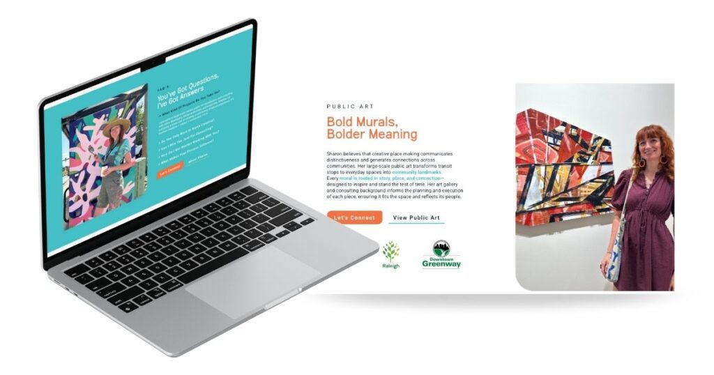 Mockup of a creative branding agency’s website for a public artist, featuring a laptop screen displaying a vibrant mural with artist bio, a middle section highlighting bold murals and civic engagement, and a photo of the artist standing next to one of her geometric installations.