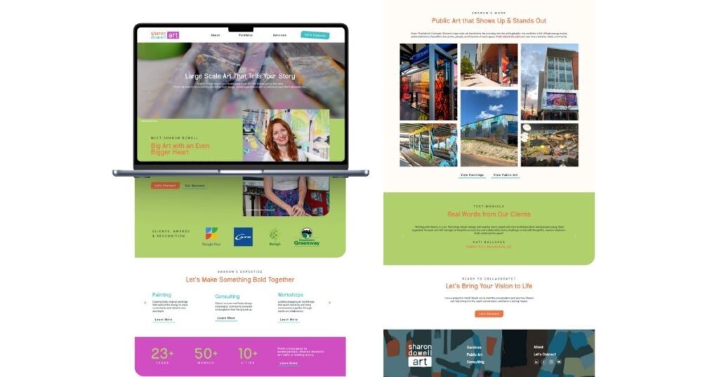 Screenshot of a homepage featuring a bright, colorful design with green and pink accents, project highlights, a featured artist portrait, and bold stats—emphasizing public art, community impact, and a vibrant creative brand identity.