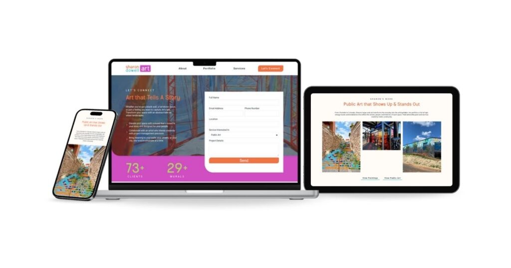 A mobile phone, laptop, and tablet display an artist website, showcasing murals, a contact form, and project statistics—highlighting creative branding across responsive design.