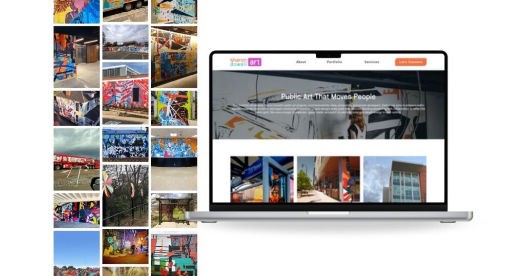Image of a website displayed on a laptop screen, featuring a portfolio of vibrant public art and murals. To the left, a grid of colorful mural thumbnails showcases the artist’s large-scale work across various outdoor spaces, emphasizing creativity and community engagement.