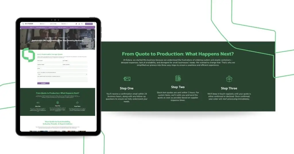 Extera website quote process on tablet screen, supported by blog resources that drive keyword ranking and answer engine optimization, highlighting how blogging is still relevant for visibility.