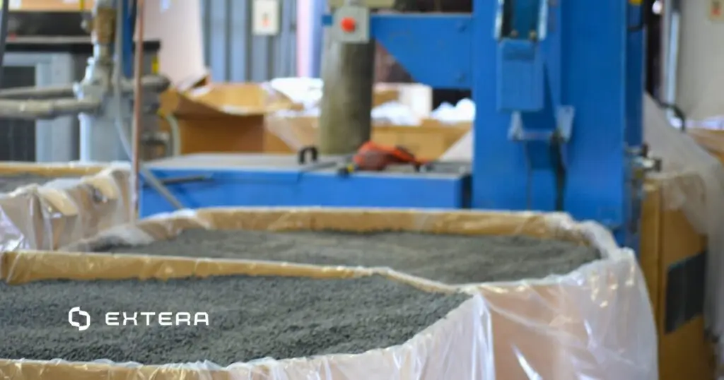 Extera recycling process with plastic material prepared for reuse, showing how sustainability and blogging about operations supports keyword ranking and answer engine optimization.