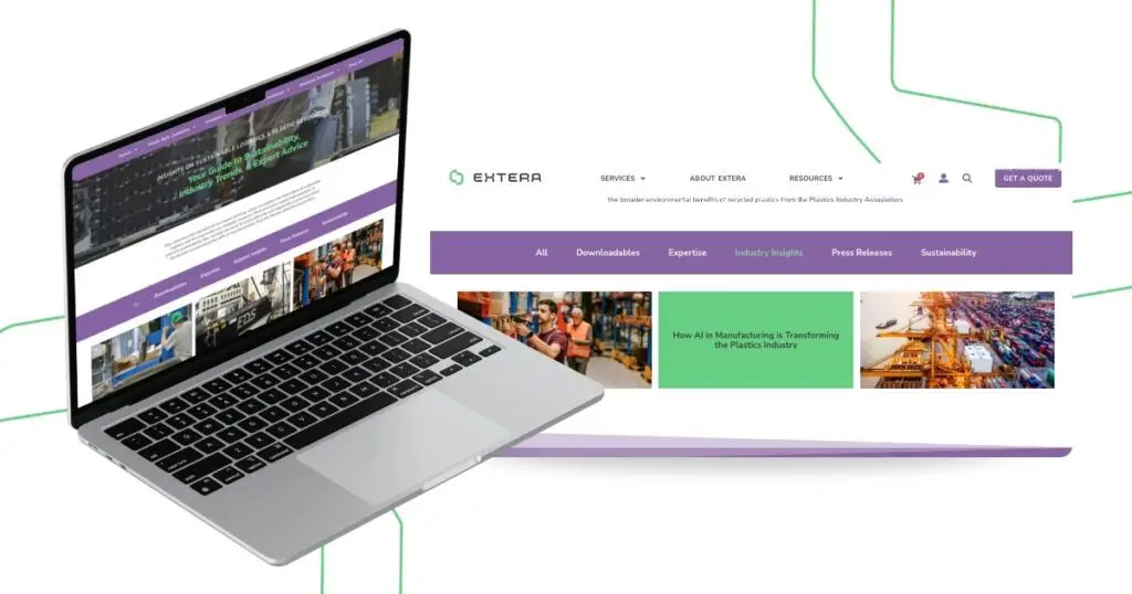 Extera website blog page displayed on a laptop, demonstrating how consistent blogging improves keyword ranking, answer engine optimization, and answers the question is blogging still relevant.