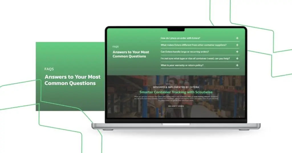 Extera website FAQ section displayed on a laptop, showing how clear answers and blogging content support keyword ranking, answer engine optimization, and prove blogging is still relevant.