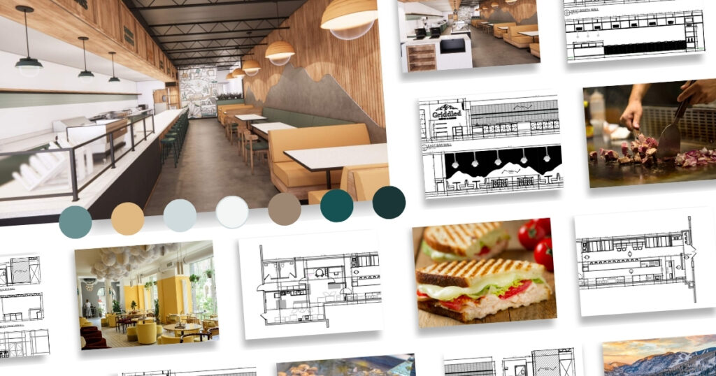 A visual branding board for Griddled showcasing its restaurant design, menu items, architectural plans from River Valley Architects, and color palette that reinforces a cohesive visual identity.