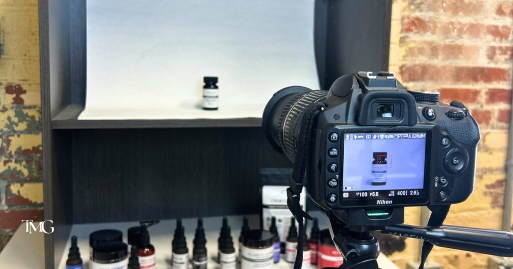 Camera setup capturing a Native Ceuticals product for branded content, illustrating the importance of visual consistency in brand style guides.