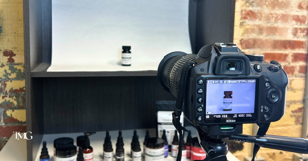 Camera setup capturing a Native Ceuticals product for branded content, illustrating the importance of visual consistency in brand style guides.