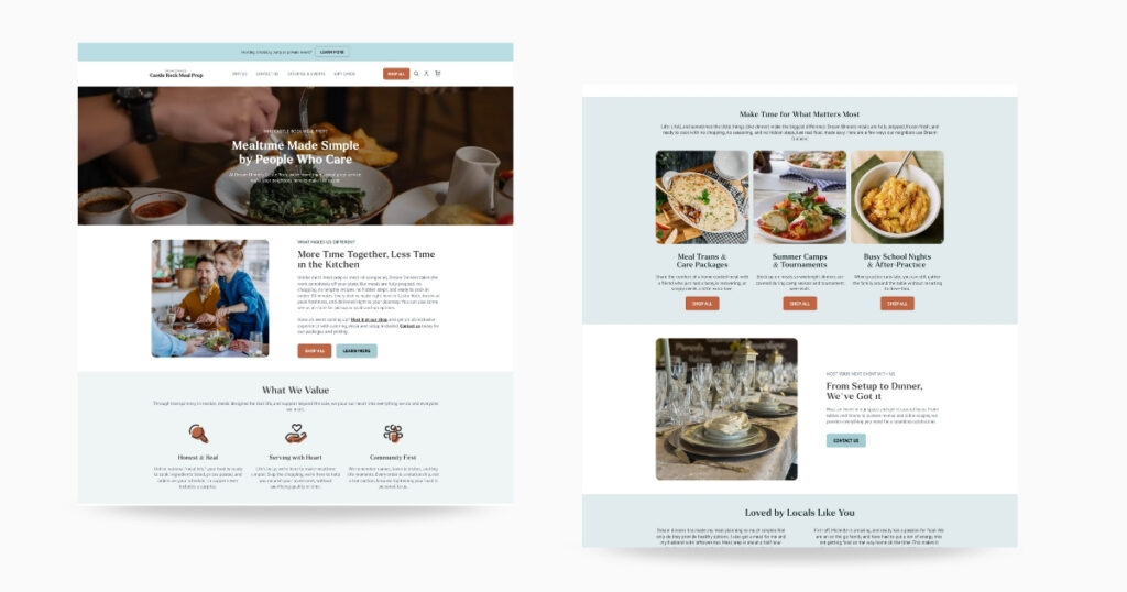 Interior page layout from the Dream Dinners redesign, highlighting improved navigation, clearer messaging, and a streamlined restaurant website experience.