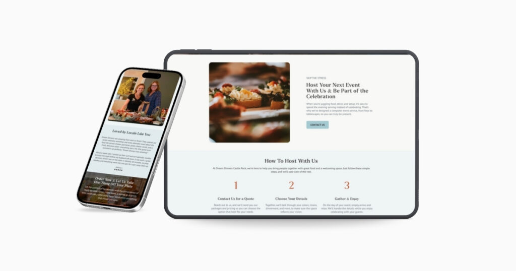 Dream Dinners hosting and catering page shown on tablet and mobile, reflecting a UX-focused redesign that supports customer engagement and SEO growth.