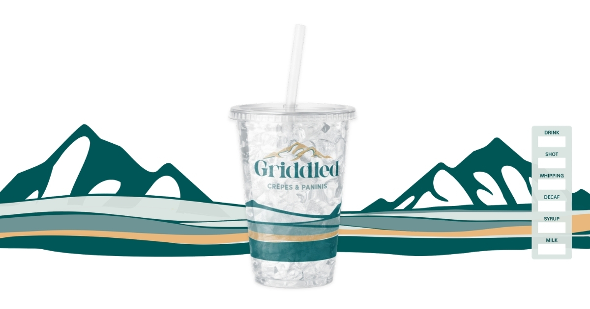 Griddled Crêpes & Paninis branded clear cup with straw and order checklist, part of a cohesive brand experience visual identity