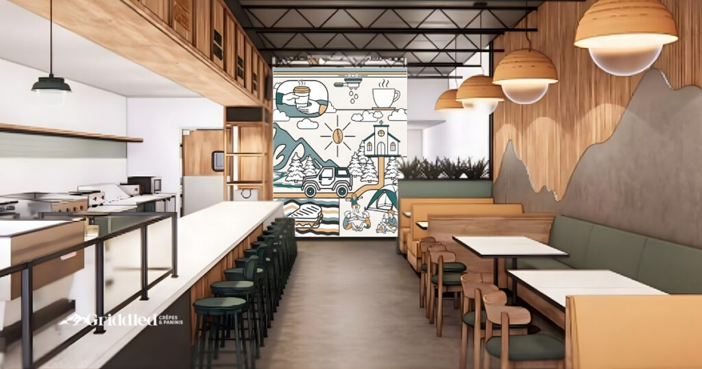Interior render of Griddled Crêpes & Paninis café with warm wood tones, bar seating, and adventure-themed mural as a focal brand experience element