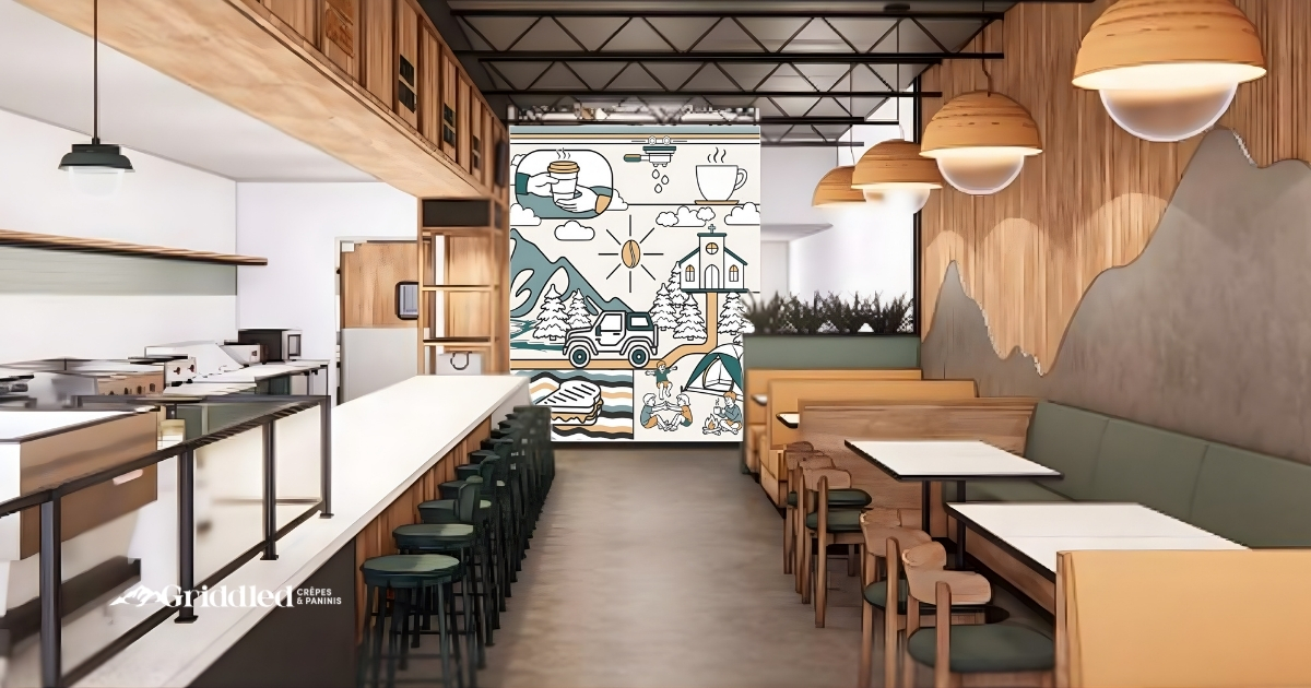 Interior render of Griddled Crêpes & Paninis café with warm wood tones, bar seating, and adventure-themed mural as a focal brand experience element
