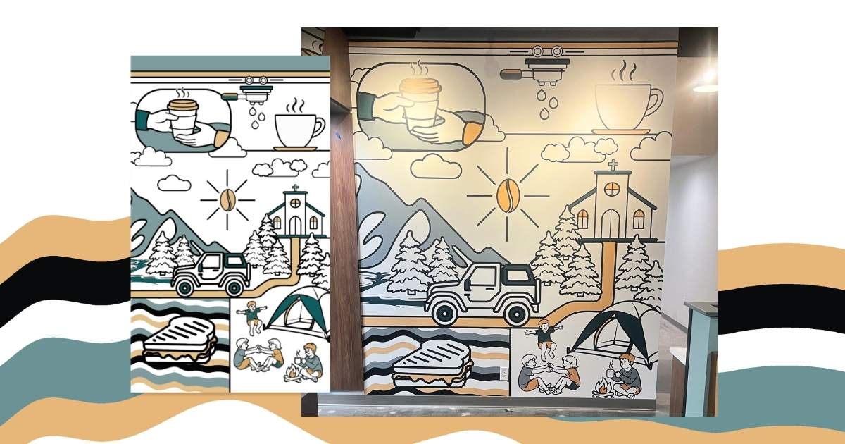 Griddled Crêpes & Paninis restaurant mural featuring outdoor adventure scenes including mountains, a jeep, camping, and coffee as part of the visual identity