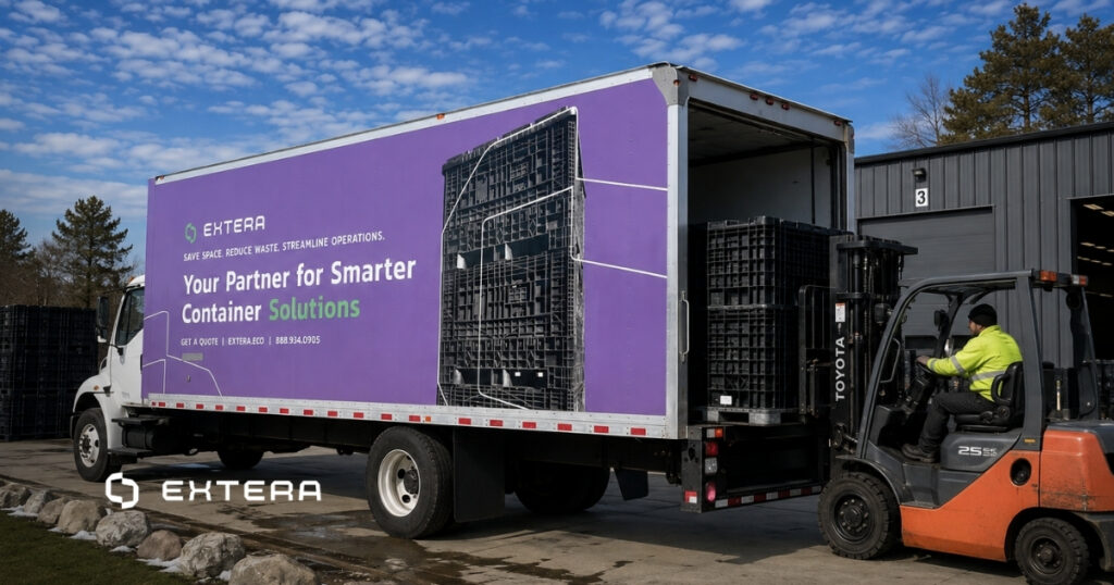 Rear view of a box truck with an Extera truck wrap on the back doors reading "We Sell, Buy, Lease & Recycle," paired with a close-up mockup of the same fleet branding and container graphic.