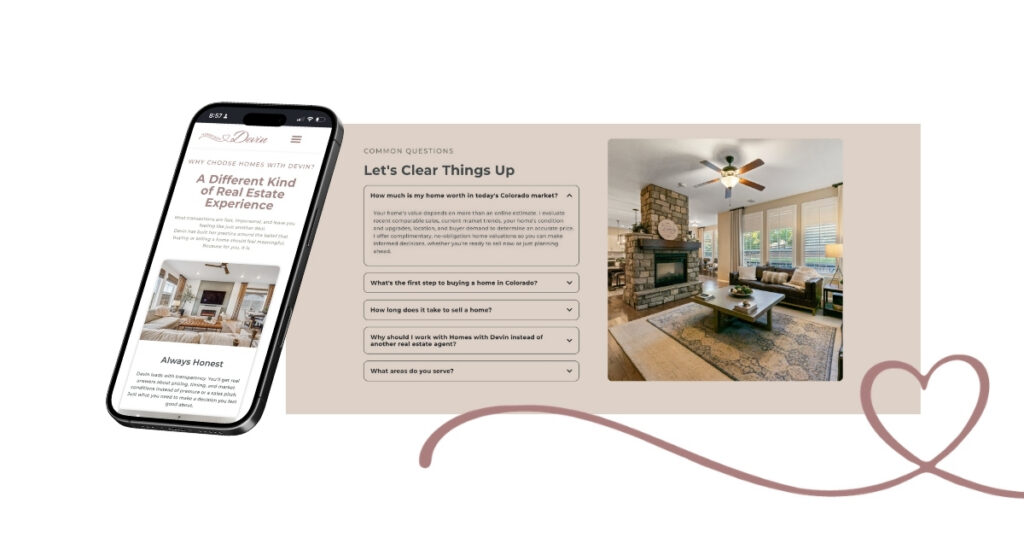 Homes with Devin real estate website on a phone and desktop, showing a Colorado FAQ section beside a living room with a stone fireplace
