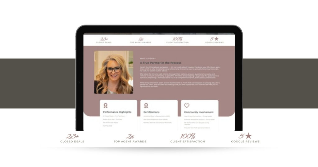 Realtor website About section on a tablet with a photo of Devin, her client-first story, and stats for closed deals, top agent awards, and reviews