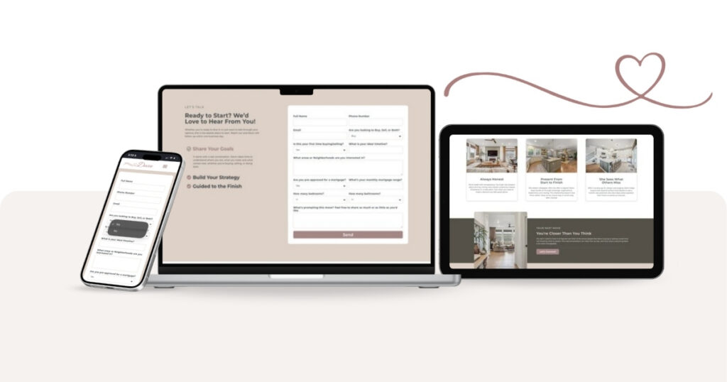 Real estate website contact form shown on a phone, laptop, and tablet, inviting buyers and sellers to share their goals with Homes with Devin